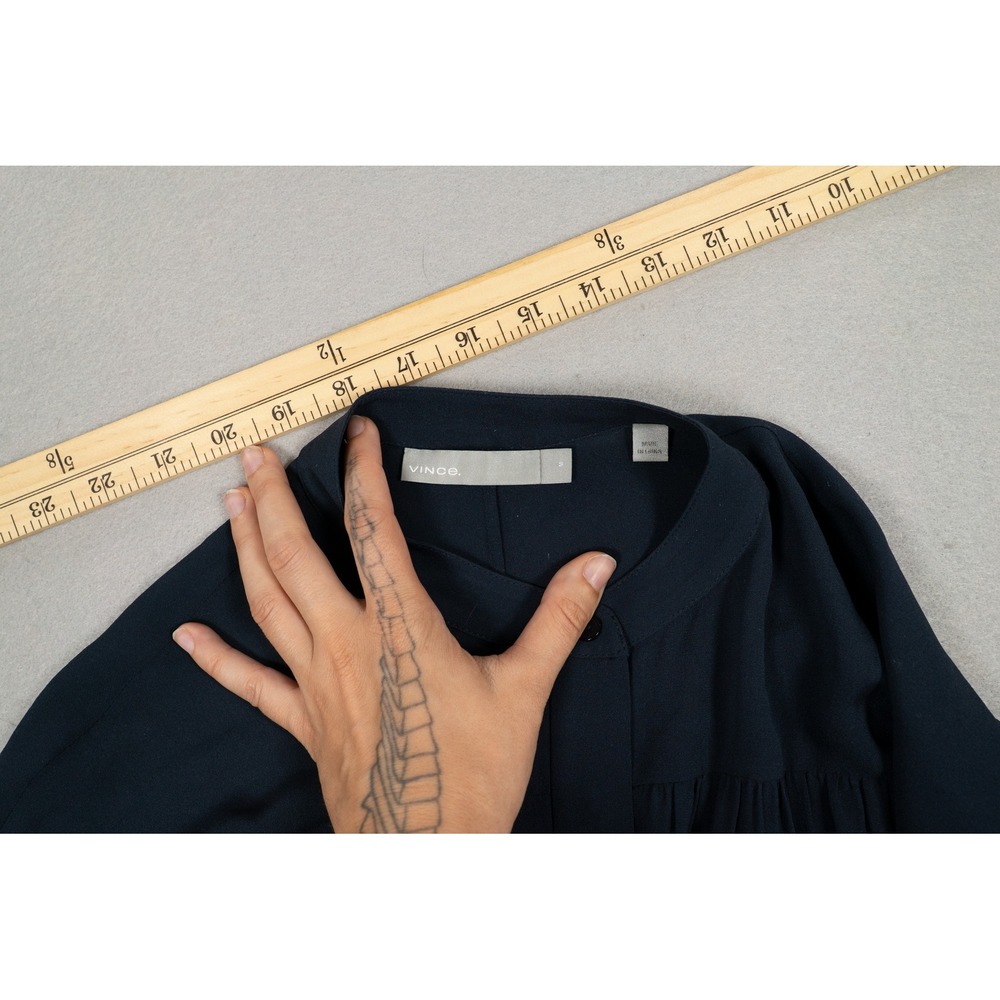 Vince 100% Silk Shirt Dress Navy Blue Band Collar Long Sleeve Women's Medium - Picture 5 of 9